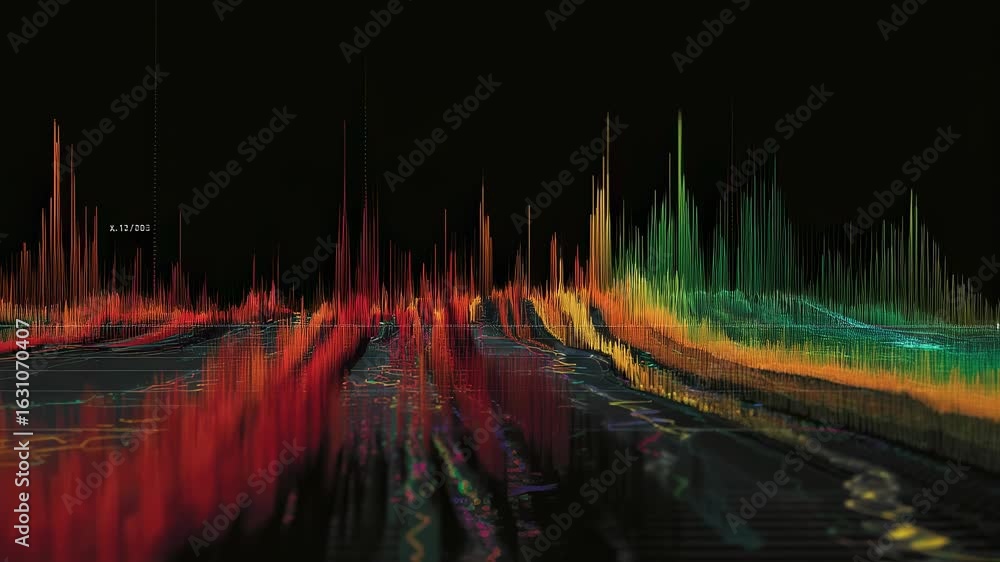 Poster colorful graph illustrating big data analysis and innovative technologies, featuring vertical bars o