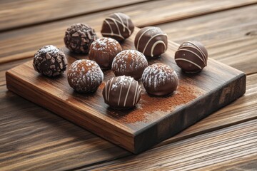 Chocolate truffles and pralines on wooden board