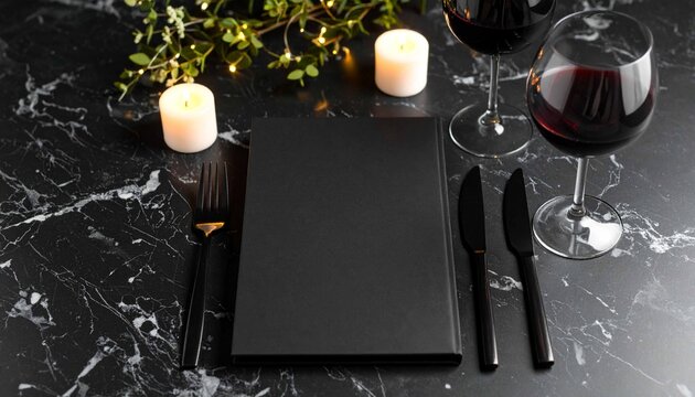 An elegant and romantic dinner table setting with a black marble backdrop. Two red wine glasses, candles, and black cutlery are featured. The intimate and luxurious setting is perfect for a romantic