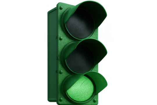 Green traffic signal glowing brightly, signaling forward movement, mounted vertically against transparent backdrop