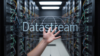 Hand reaching towards a Datastream globe in a server room technology network