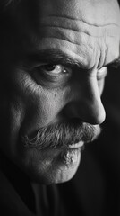 Black and white portrait of mature man with mustache
