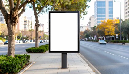 A blank vertical billboard mockup stands out on a busy city sidewalk, surrounded by trees and modern buildings, with a busy highway in the background.&nbsp; A clean, ready-to-use adve,billboard on the road