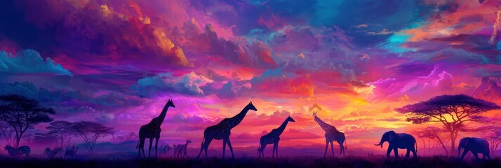 Naklejka premium Jungle animal Silhouettes of Giraffes Walking at Sunset with Vibrant Purple and Pink Sky – Wildlife African Savannah Background