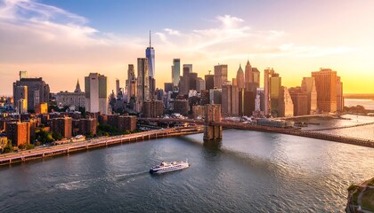 City Skyline Sunset Over River