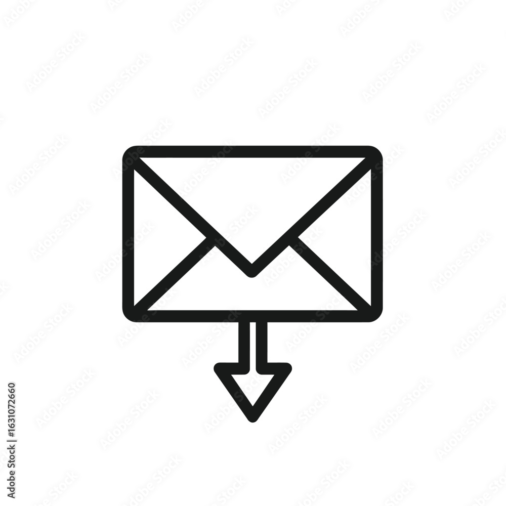 Poster isolated black outline of envelope icon with arrow on transparent background