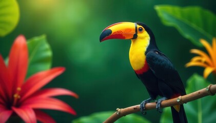 Obraz premium Vibrant toucan on lush tropical foliage, summer greeting , summer, exotic, vector