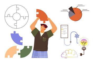 Person assembling puzzle piece surrounded by pie chart, task checklist, workflow gear, and lightbulb. Ideal for teamwork, problem-solving, ideas, strategy, collaboration innovation productivity