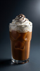 Dramatically Lit Iced Coffee with a Swirl of Whipped Cream and Cocoa Dust