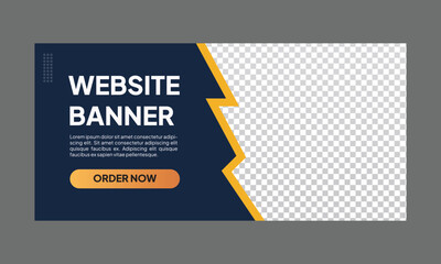 Website banner: dark blue background with "WEBSITE BANNER" text, "ORDER NOW" button, yellow zigzag divider, and a checkered image placeholder; modern, clean design.
