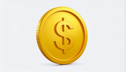 A shiny 3D gold coin with a dollar symbol in the center, standing upright on a clean white background. A visual representation of wealth, investment, finance, and success.,golden dollar sign