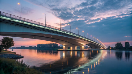 Fototapeta premium Berlin-style modern highway bridge at twilight, reflection glow 