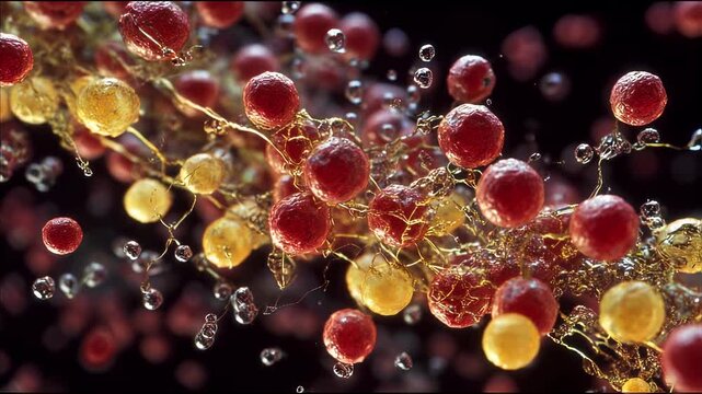 Molecularlevel footage of red acidic particles reacting with bicarbonate buffer molecules causing pH scale equilibrium changes.
