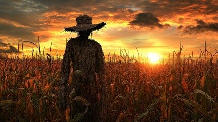 Scarecrow stands in field at sunset