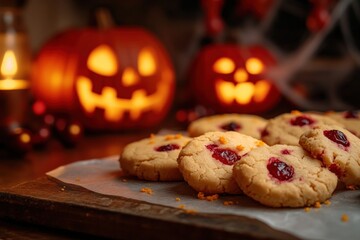 Halloween cookies and glowing carved pumpkins