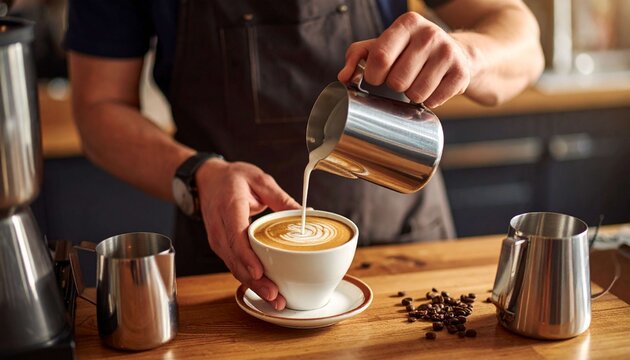 A skilled barista pours steamed milk to create beautiful latte art on a cup of cappuccino coffee in a cozy cafe. Showcasing hand-drawn details, the creation process, and a fo,pouring coffee into a cup