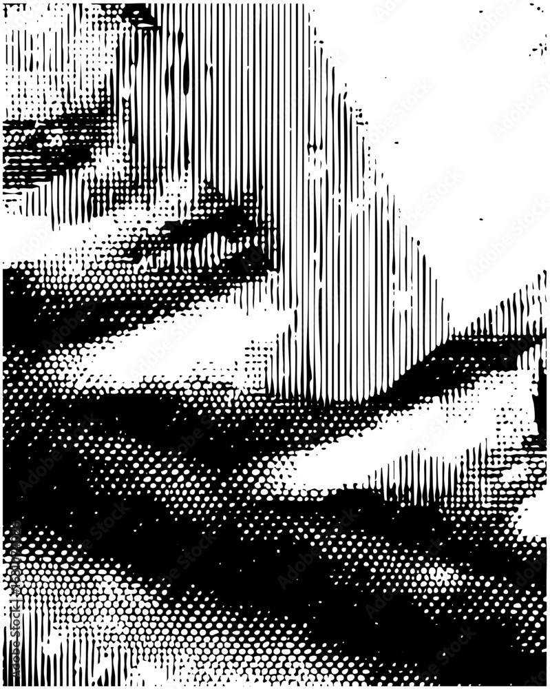 Poster vector abstract portrait of a person with halftone dots and linear elements.