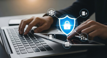 Man is typing on laptop with cybersecurity shield to protect data online
