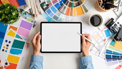 Top view of a blank digital tablet mockup held by a graphic designer or artist, surrounded by design tools such as a color palette, pencils, and sketchpad.,woman holding digital tablet