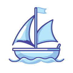 Isolated Light Blue Sailing Boat Floating in Water with White Background