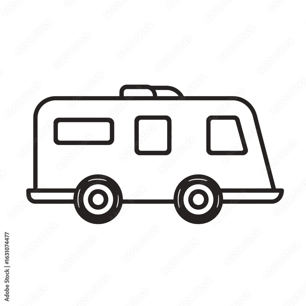 Poster isolated line art campervan with wheels and windows on transparent background