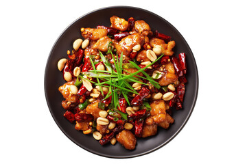 Kung Pao chicken dish with peanuts and dried chilies in a black bowl isolated on a transparent background