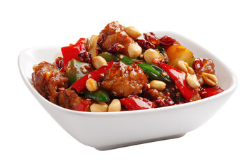 Kung Pao Chicken with peanuts red and green peppers in white bowl isolated on a transparent background