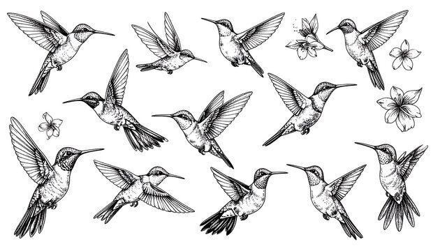 Black and white hummingbird illustrations