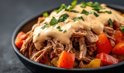 Hearty pulled meat meal with creamy sauce and peppers