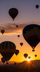 Obraz premium Vertical Ascent: A Fleet of Hot Air Balloons Silhouetted by a Golden Sunrise