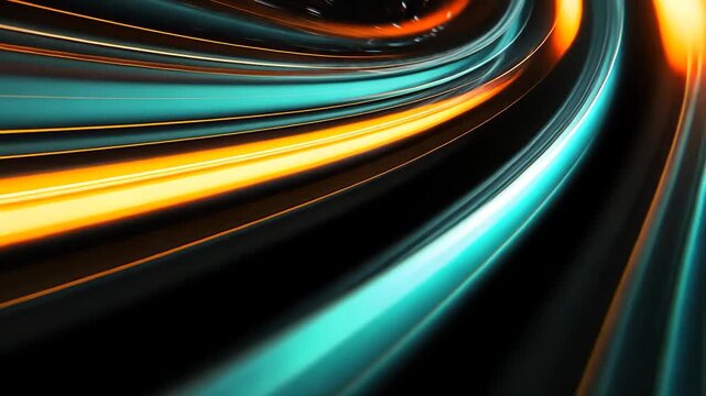 A vibrant abstract design featuring dynamic lines in teal and orange, suggesting motion.
