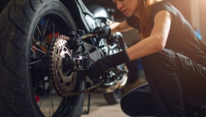A skilled female mechanic is performing maintenance or repairs on the chain and rear wheel of a motorbike in a workshop.,young woman on a motorcycle
