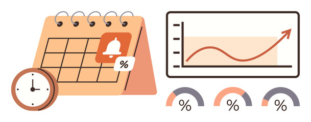 Calendar with reminder icon, clock, and chart with rising trend line, accompanied by percentage meters. Ideal for productivity, analytics, time management, planning, scheduling growth performance