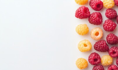 Red and yellow raspberries on white background