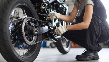 A professional mechanic is inspecting or repairing the rear end of a motorcycle, focusing on the chain and wheels. This image shows the vehicle maintenance process in detail, h,mechanic changing wheel
