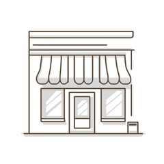 Isolated Outline of Shop Building with Awning, Doorway, and Windows on White
