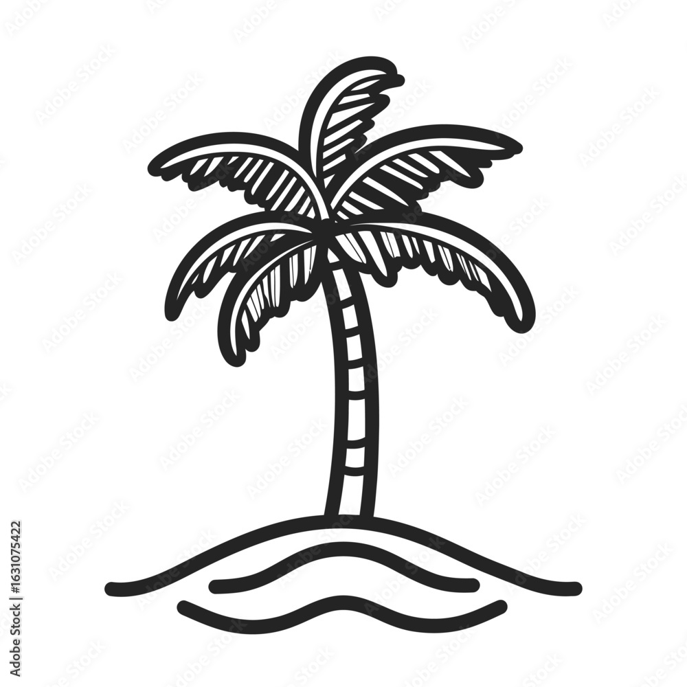 Poster Isolated Palm Tree With Leaves & Trunk Above Wavy Lines On Transparent Background