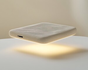 Floating charger base on cream beige sculpted surface with soft lighting effects