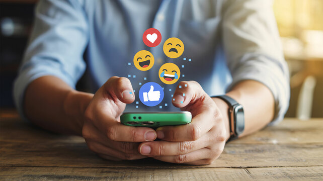 Man holding smartphone with social media emojis like laughing and thumbs up technology communication