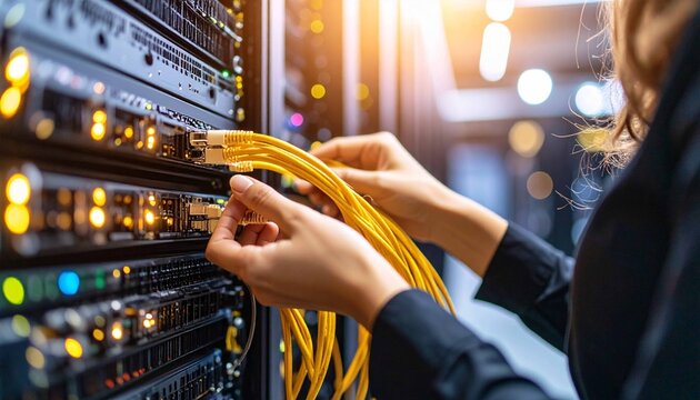 A female technician connects network cables to servers or switches in a busy data center, demonstrating the connectivity, maintenance, and critical information technology infrastruc - Powered by Adobe