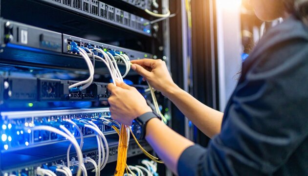 A technician is installing or removing network cables in a server rack full of IT equipment. The bright lights from the server LED indicators indicate activity and connectivity wit,electrician at work