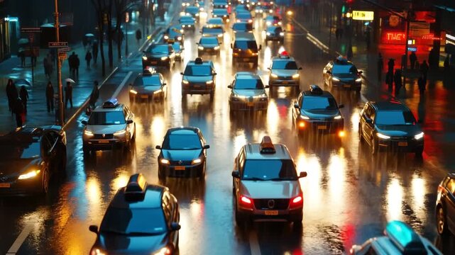 Cinematic Drone Footage of Nighttime City Traffic in the Rain &ndash; Wide-Angle Aerial Shot with Reflections, Headlights, and Pedestrians under Umbrellas in Moody Urban Atmosphere