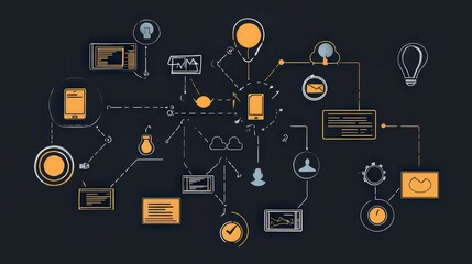 Illustration of interconnected digital devices and symbols on a dark background network concept
