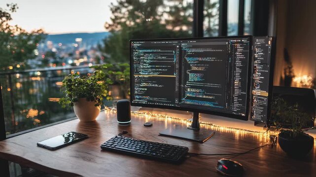 Remote web developers clean desk setup with sleek 4K screen analyzing console logs a glowing code editor window smart speaker and greenery adding calm to the bustling digital