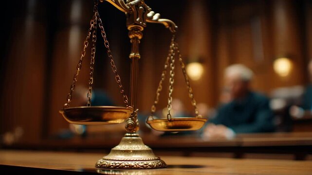 Golden scale of justice symbolizes fairness supreme court appeal courtroom with legal decision making and balanced law principles