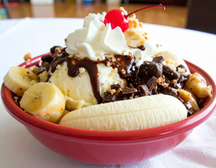 Delicious Looking Ice Cream Banana Split with Chocolate and Cherries 101