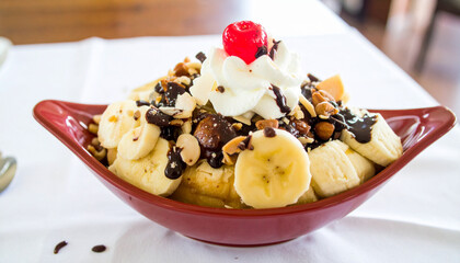 Delicious Looking Ice Cream Banana Split with Chocolate and Cherries 103
