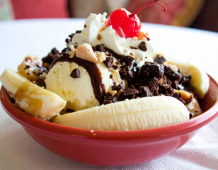 Delicious Looking Ice Cream Banana Split with Chocolate and Cherries 102