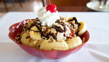 Delicious Looking Ice Cream Banana Split with Chocolate and Cherries 104