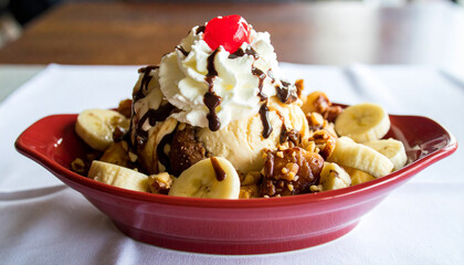 Delicious Looking Ice Cream Banana Split with Chocolate and Cherries 105